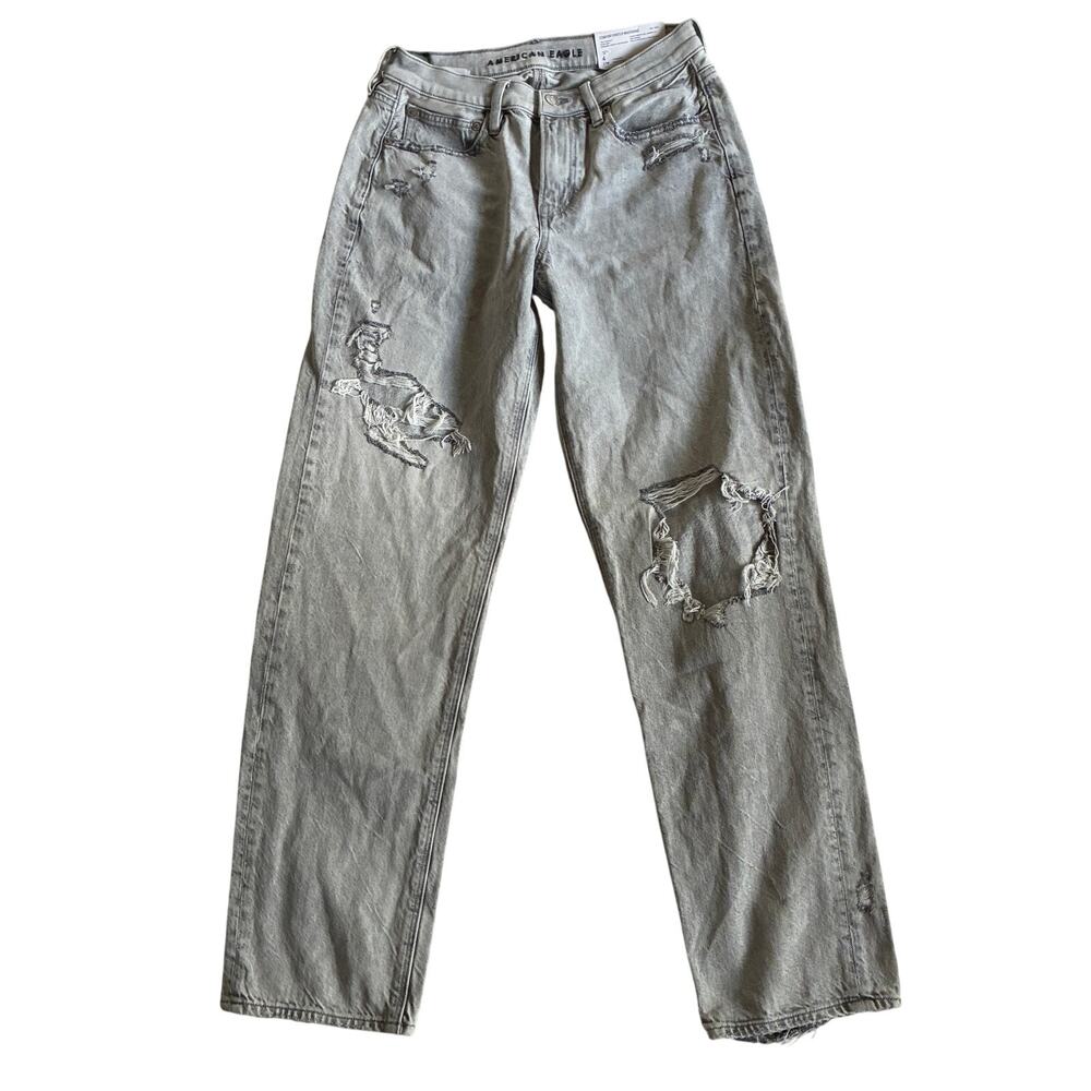 American Eagle Jeans Women 4 Straight 90s Haze Grey Ripped High Rise NWT